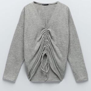 ZARA | Gray V-Neck Cinched Drawstring Sweater Top Women’s Size Large